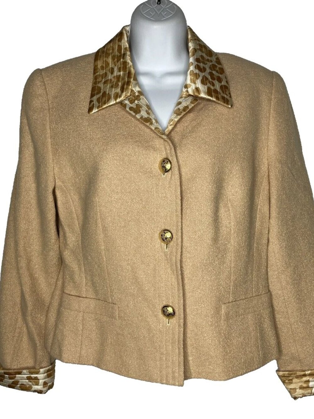 Vintage 80s Escada Blazer Jacket Size S Beige Wool Angora Leopard Print Silk